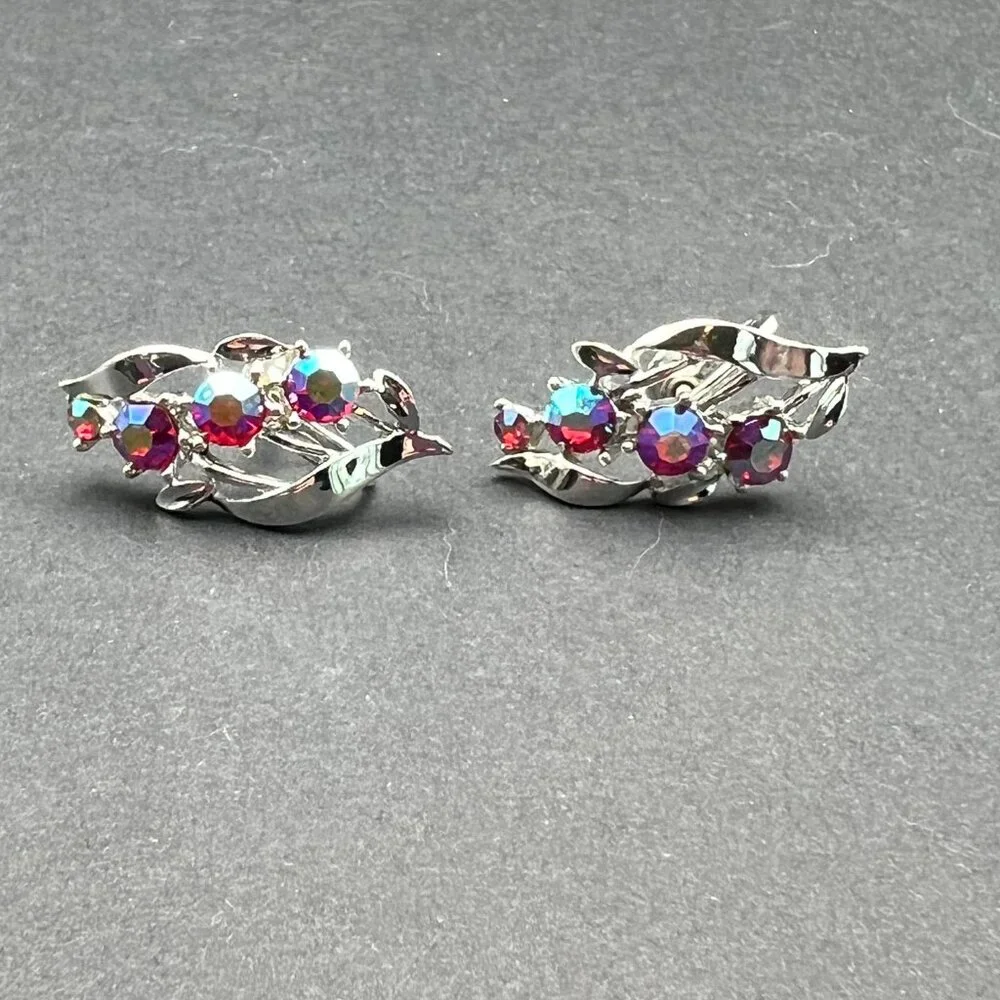 Vintage Star Screw Back Earrings‎ Purple Pink AB Rhinestone Flower Silver Tone